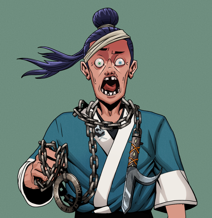 Tokuda — Degen Dojo NFT art (Shirtless Runt, Olive Green, Degens, Skull Kimono, Tokuda, Long Flowing, Heavy Kyoketsu, Mint)