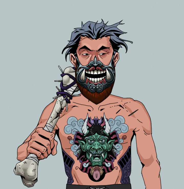 Igor The Bear — Degen Dojo NFT art (Shirtless Runt, Light Grey, Degens, Blue Oni Tattoo, Igor The Bear, Hannya Half Mask, Wavy, Spiky Femur, Mint)