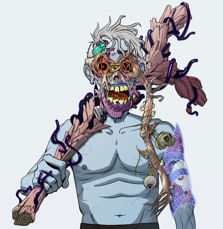 Shitless Botan — Degen Dojo NFT art (Shirtless Runt, Light Grey, Demons, Skull Sleeve, Shitless Botan, Telescopic Glasses, Short Spiky Grey, Large Branch, Mint)