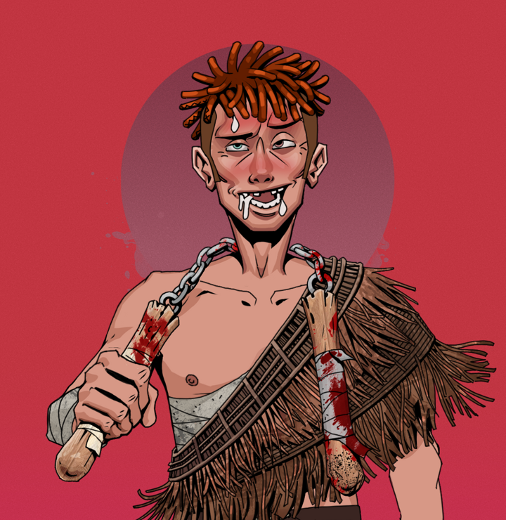 Yuuki — Degen Dojo NFT art (Shirtless Runt, Red High Moon, Degens, Dried Straw, Yuuki, Orange Bantu Knots, Bloody Nunchucks, Mint)