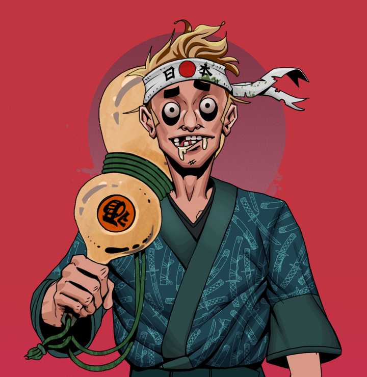 Drooling Azuma — Degen Dojo NFT art (Shirtless Runt, Red High Moon, Degens, Katanajamas Kimono, Drooling Azuma, Karate Headband, Giant Sake Bottle, Mint)