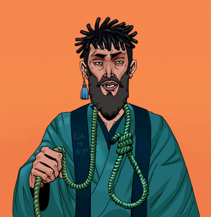 Serious Oleg — Degen Dojo NFT art (Tassel, Orange Afternoon, Degens, Dejen Apostate, Serious Oleg, Shirtless Runt, Black Bantu Knots, Noose, Mint)
