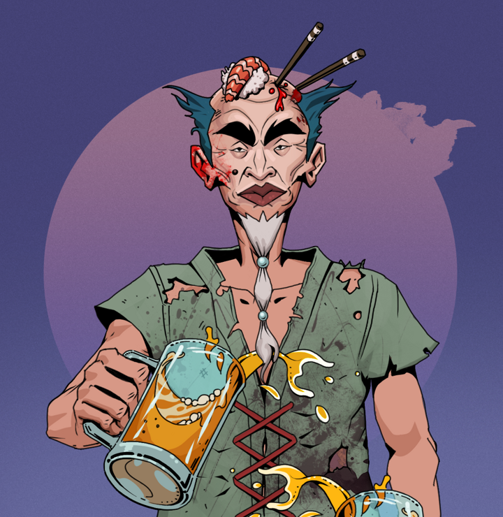 Yuji The Wise — Degen Dojo NFT art (Shirtless Runt, Purple Night, Degens, Dirty Peasant Rags, Yuji The Wise, Sushi Fight, Beer Splash, Mint)