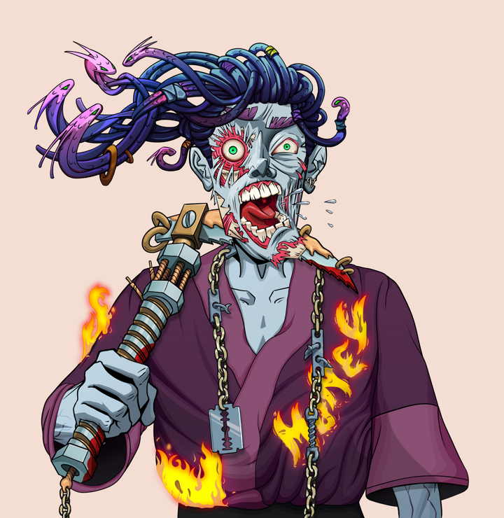 Tokuda — Degen Dojo NFT art (Shirtless Runt, Orange Afternoon, Demons, Money Kimono, Tokuda, Flowing Dreads, Rusty Kusarigama, Mint)