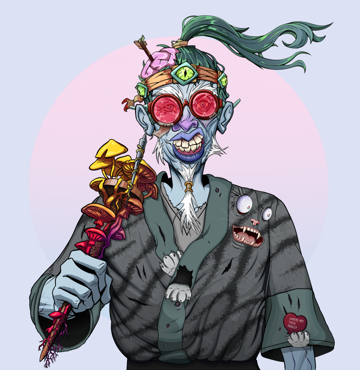 Yuji The Wise — Degen Dojo NFT art (Shark Tooth, Purple Night, Demons, Cet Kimono, Yuji The Wise, Broken Glasses, Green Bandana, Rusty Nail, Mint)