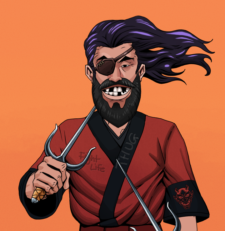 Igor The Veteran — Degen Dojo NFT art (Shirtless Runt, Orange Afternoon, Degens, Red Oni Kimono, Igor The Veteran, Flowing Battousai, Dual Sai, Mint)