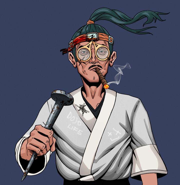 Raikou The Stoner — Degen Dojo NFT art (Shirtless Runt, Blue Evening, Degens, No Honor Kimono, Raikou The Stoner, Pocket Glasses, Green Bandana, Rusty Nail, Mint)