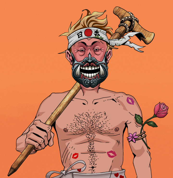 Fatty Bobsticks — Degen Dojo NFT art (Shirtless Runt, Orange Afternoon, Degens, Womanizer, Fatty Bobsticks, Hannya Half Mask, Karate Headband, Wooden Walking Cane, Mint)