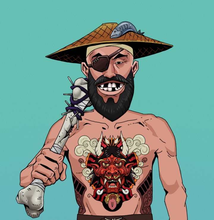 Igor The Veteran — Degen Dojo NFT art (Shirtless Runt, Teal Daytime, Degens, Red Oni Tattoo, Igor The Veteran, Wide Kasa Fisherman, Spiky Femur, Mint)