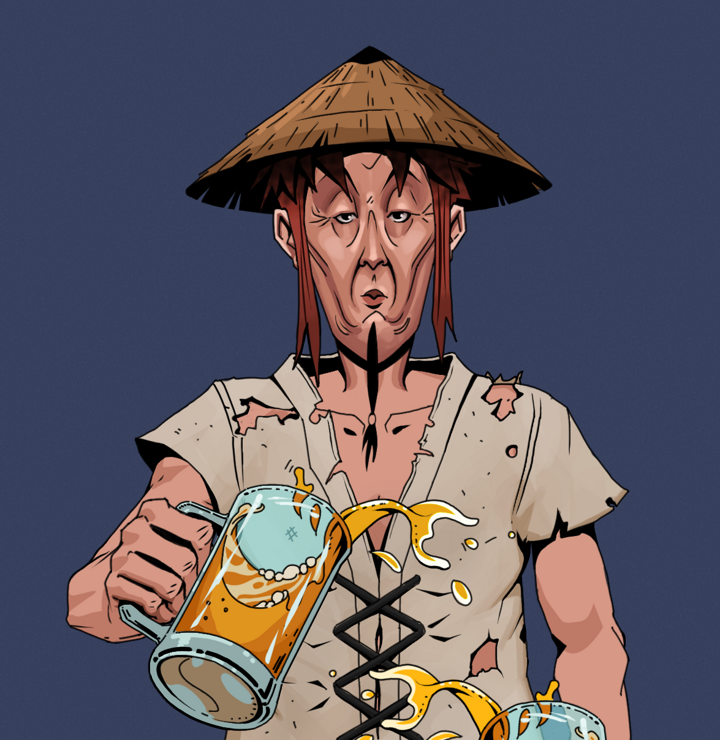 Edmundo — Degen Dojo NFT art (Shirtless Runt, Blue Evening, Degens, Rice Sack Rags, Edmundo, Rice Hat, Beer Splash, Mint)