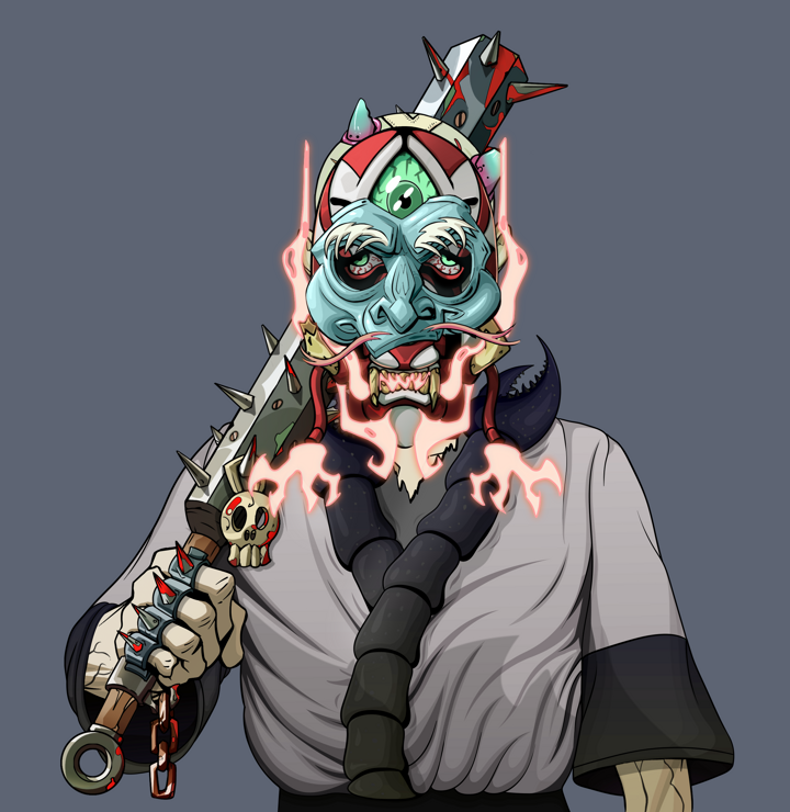 Edmundo — Degen Dojo NFT art (Shirtless Runt, Shoji Night, Demons, Katana Kimono, Edmundo, Kitsune Mask, Bald, Yakuza Club, Mint)