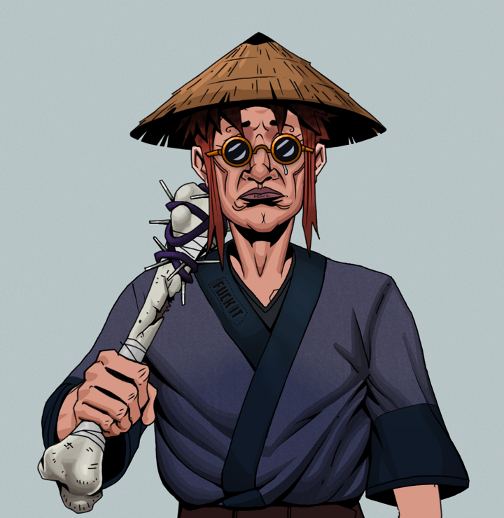 Teary Goro — Degen Dojo NFT art (Shirtless Runt, Light Grey, Degens, Fuck You Kimono, Teary Goro, Dark Spectacles, Rice Hat, Spiky Femur, Mint)