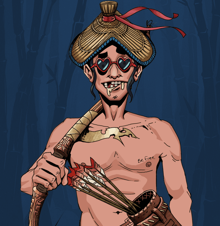 Drooling Azuma — Degen Dojo NFT art (Shirtless Runt, Night Forest, Degens, Nudey Freak, Drooling Azuma, Loveheart Shades, High Straw Rice Hat, Runed Yumi, Mint)