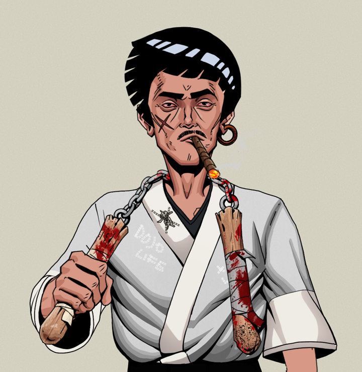 Raikou The Stoner — Degen Dojo NFT art (Wooden Loop, Warm Grey, Degens, No Honor Kimono, Raikou The Stoner, Shirtless Runt, Rock Lee, Bloody Nunchucks, Mint)