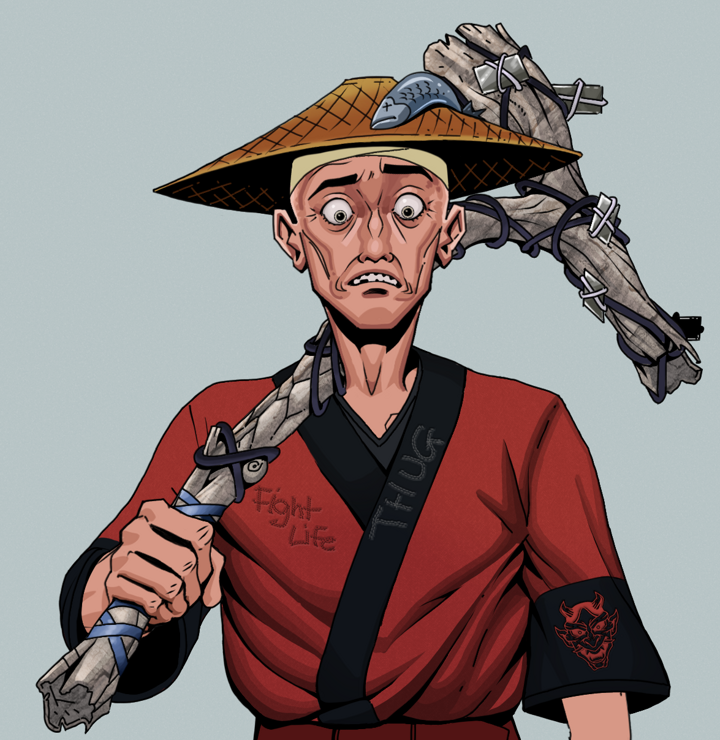 Shitless Botan — Degen Dojo NFT art (Shirtless Runt, Light Grey, Degens, Red Oni Kimono, Shitless Botan, Wide Kasa Fisherman, Large Branch, Mint)