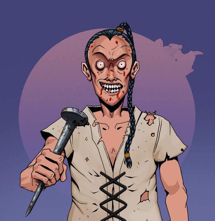 Assassin Fuzen — Degen Dojo NFT art (Shirtless Runt, Purple Night, Degens, Rice Sack Rags, Assassin Fuzen, Braided Samurai Ponytail, Rusty Nail, Mint)