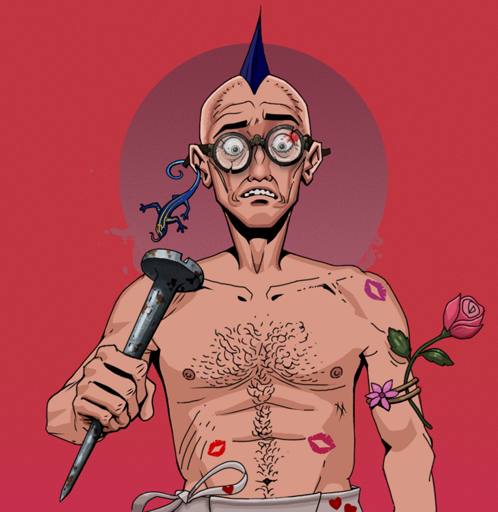 Shitless Botan — Degen Dojo NFT art (Lizard, Red High Moon, Degens, Womanizer, Shitless Botan, Bloodied Glasses, Mohawk Spike, Rusty Nail, Mint)