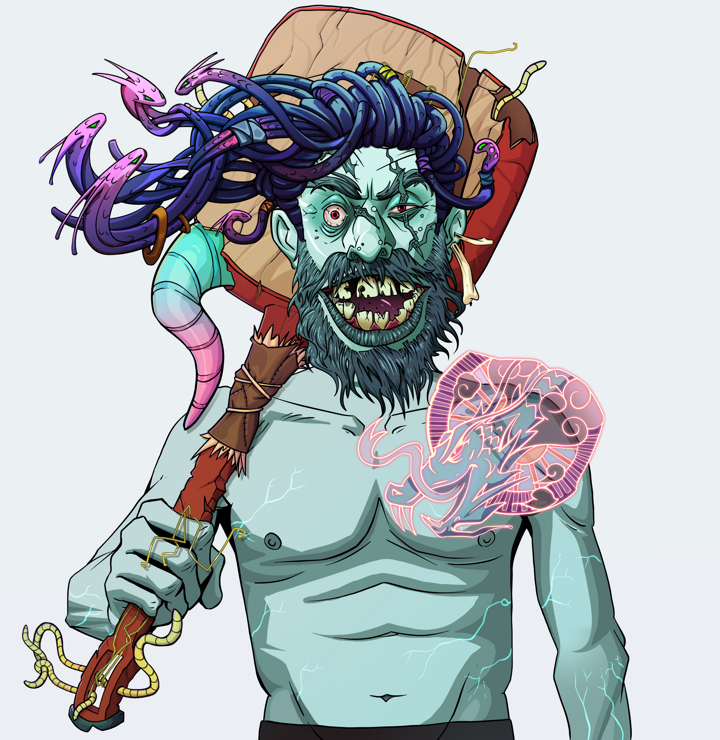 Igor The Bear — Degen Dojo NFT art (Finger Bones, Light Grey, Demons, Dragon Head Tattoo, Igor The Bear, Shirtless Runt, Flowing Dreads, Shamisen, Mint)