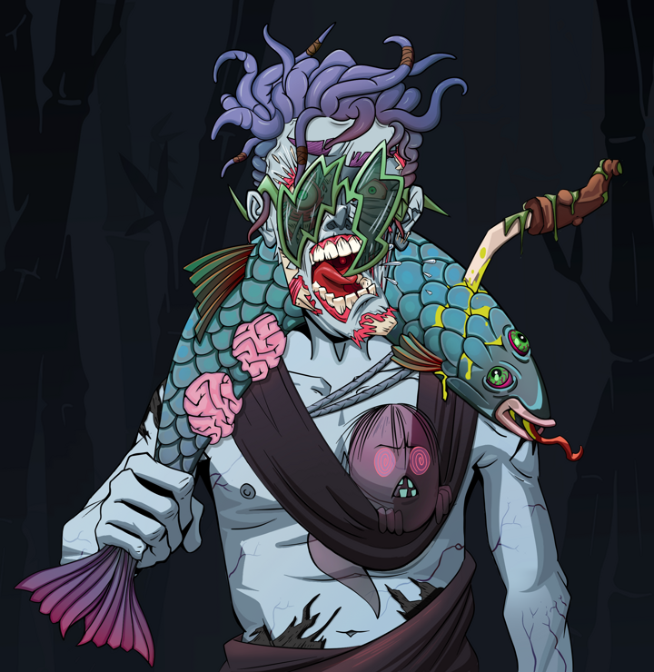 Tokuda — Degen Dojo NFT art (Shirtless Runt, Night Forest, Demons, Little Momonga Friend, Tokuda, Shoji Glasses, Messy, Dead Fish, Mint)