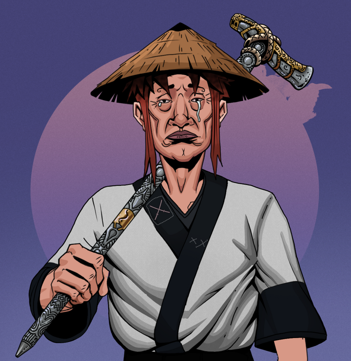 Teary Goro — Degen Dojo NFT art (Shirtless Runt, Purple Night, Degens, Katana Kimono, Teary Goro, Rice Hat, Artisan Walking Cane, Mint)