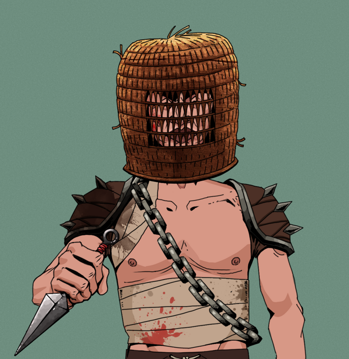 Young Yuji — Degen Dojo NFT art (Dojo Paper Earring, Olive Green, Degens, Mercenary, Young Yuji, Shirtless Runt, Tengai Basket, Kunai, Mint)