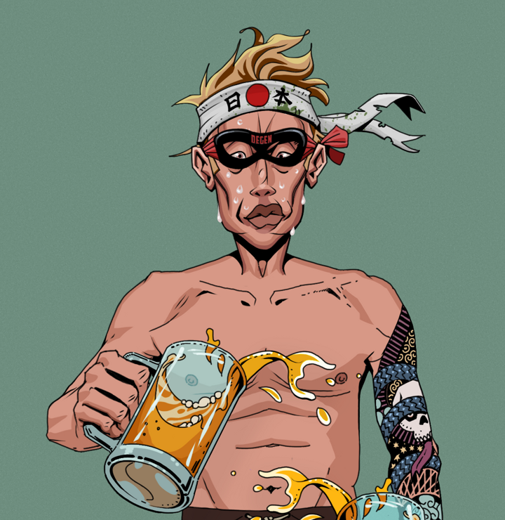 Stresshead Rin — Degen Dojo NFT art (Shirtless Runt, Olive Green, Degens, Skull Sleeve, Stresshead Rin, Degen Superhero, Karate Headband, Beer Splash, Mint)