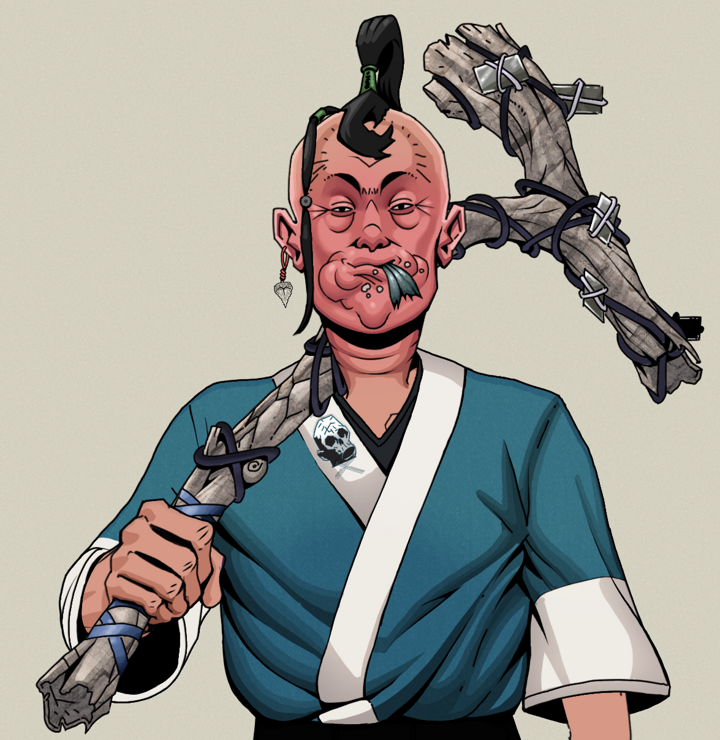 Fatty Bobsticks — Degen Dojo NFT art (Shark Tooth, Warm Grey, Degens, Skull Kimono, Fatty Bobsticks, Shirtless Runt, Dejen Samurai, Large Branch, Mint)