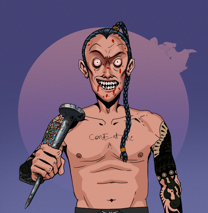 Assassin Fuzen — Degen Dojo NFT art (Shirtless Runt, Purple Night, Degens, Black Yakuza Sleeves, Assassin Fuzen, Braided Samurai Ponytail, Rusty Nail, Mint)