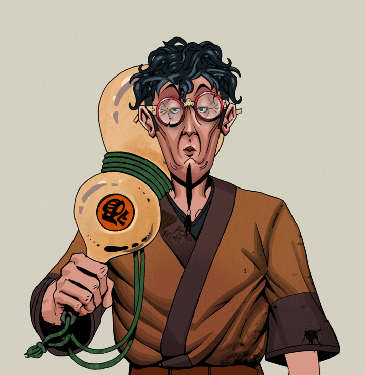 Edmundo — Degen Dojo NFT art (Shirtless Runt, Warm Grey, Degens, Poop Pride Kimono, Edmundo, Broken Glasses, Messy, Giant Sake Bottle, Mint)