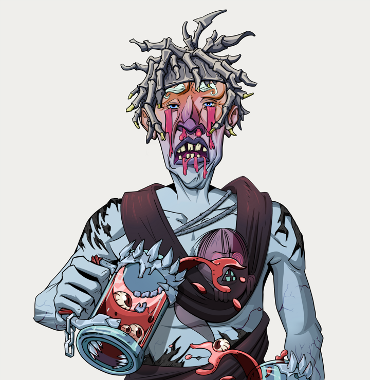 Teary Goro — Degen Dojo NFT art (Shirtless Runt, Warm Grey, Demons, Little Momonga Friend, Teary Goro, White Ruffian, Beer Splash, Mint)