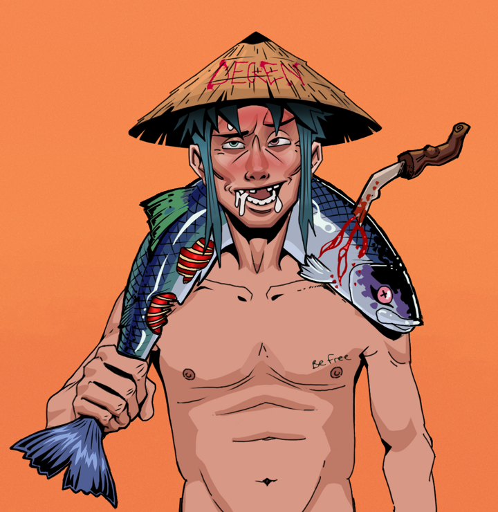 Yuuki — Degen Dojo NFT art (Shirtless Runt, Orange Afternoon, Degens, Nudey Freak, Yuuki, Degen Graffiti Rice Hat, Dead Fish, Mint)