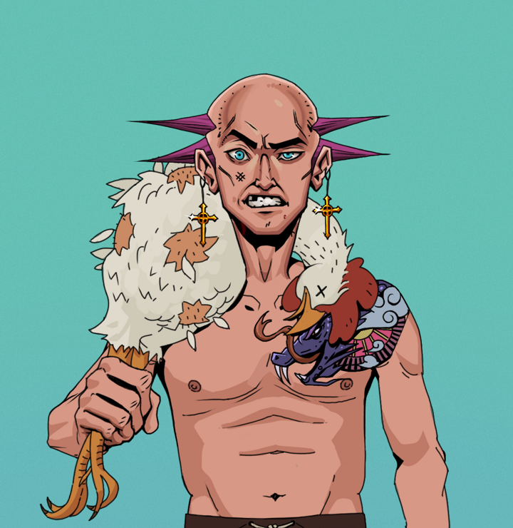 Akuma — Degen Dojo NFT art (Golden Jesuit Crosses, Teal Daytime, Degens, Dragon Head Tattoo, Akuma, Shirtless Runt, Dejen Mohawk, Chicken, Mint)