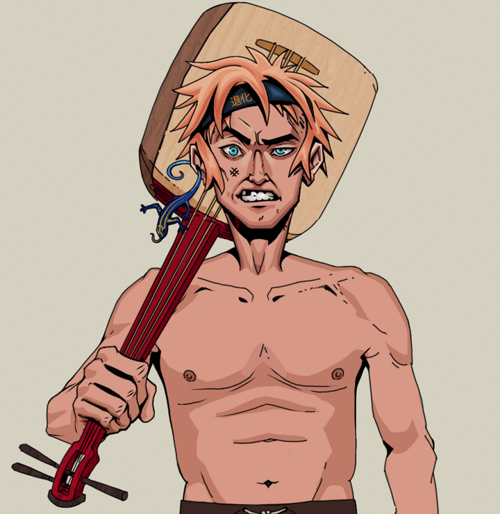 Akuma — Degen Dojo NFT art (Lizard, Warm Grey, Degens, Shirtless Runt, Akuma, Tiger Headband Ruffian, Shamisen, Mint)