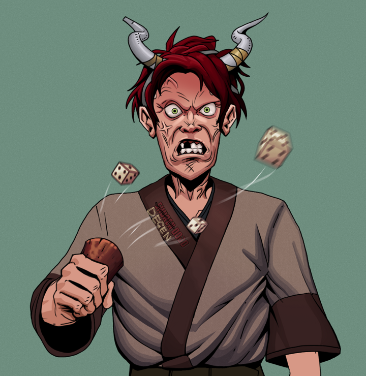 Angry Ikari — Degen Dojo NFT art (Shirtless Runt, Olive Green, Degens, Degen Dojo Kimono, Angry Ikari, Grey Oni Horns, Chō-Han Gambling Dice, Mint)