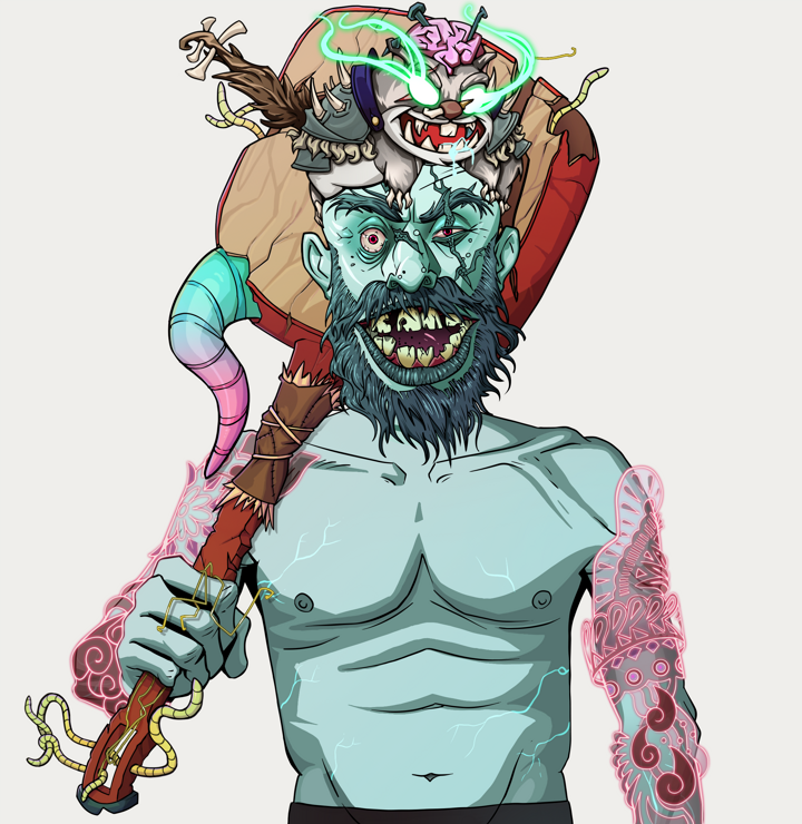 Igor The Bear — Degen Dojo NFT art (Shirtless Runt, Warm Grey, Demons, Yakuza Tattoo Sleeves, Igor The Bear, Mr. Momonga Hat, Shamisen, Mint)