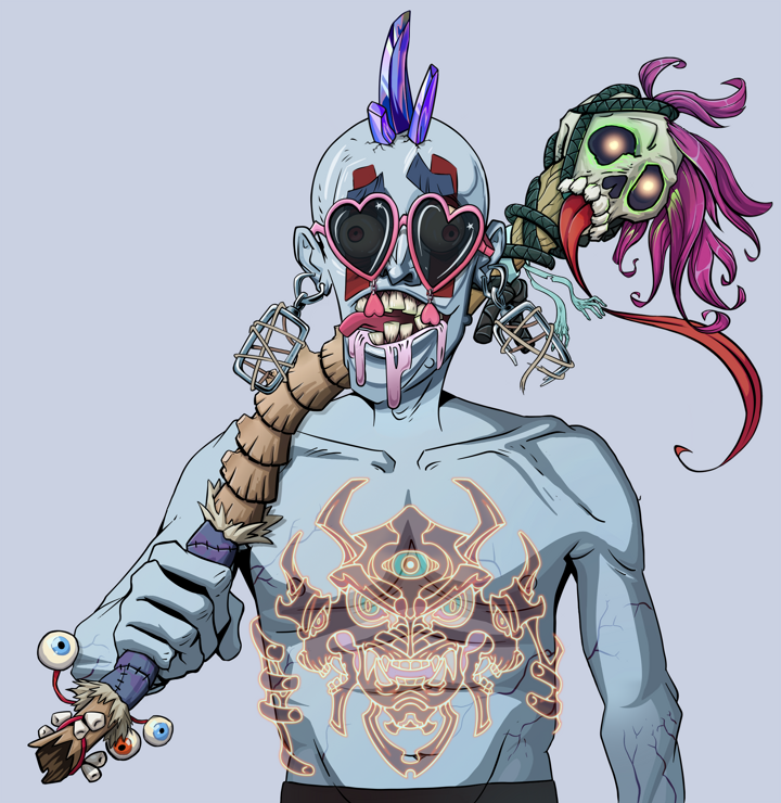 Drooling Azuma — Degen Dojo NFT art (Iron Earrings, Blue Evening, Demons, Red Oni Tattoo, Drooling Azuma, Loveheart Shades, Mohawk Spike, Shaman Skull Staff, Mint)