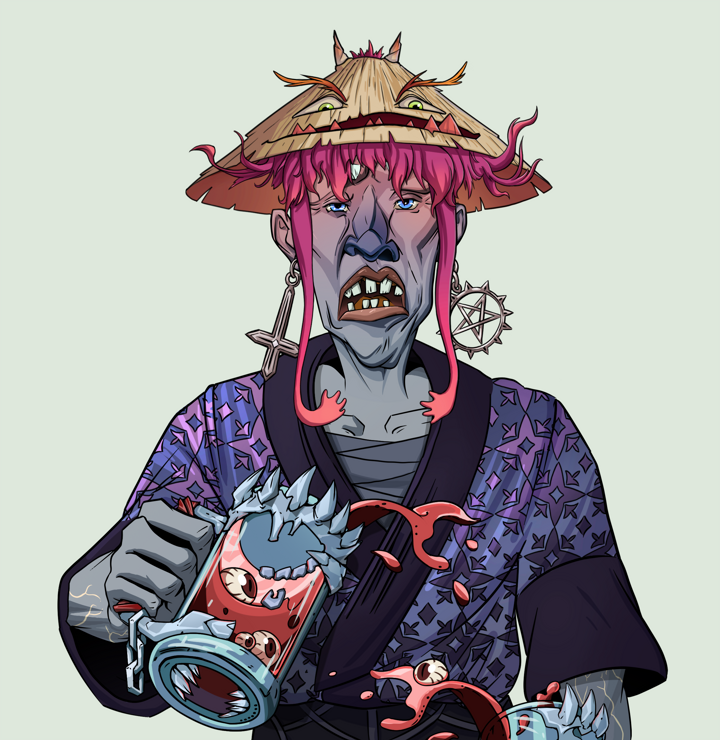 Goro — Degen Dojo NFT art (Jesuit Crosses, Olive Green, Demons, Loose Parasol Kimono, Goro, Shirtless Runt, Rice Hat, Beer Splash, Mint)