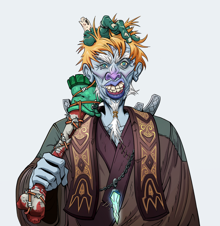 Yuji The Wise — Degen Dojo NFT art (Shirtless Runt, Light Grey, Demons, Ordained Dejen, Yuji The Wise, Tiger Headband Ruffian, Spiky Femur, Mint)