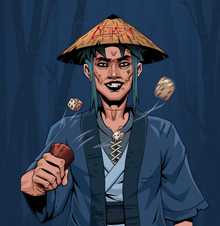 Junichiro Reborn — Degen Dojo NFT art (Shirtless Runt, Night Forest, Degens, Blue Warrior Kimono, Junichiro Reborn, Degen Graffiti Rice Hat, Chō-Han Gambling Dice, Mint)