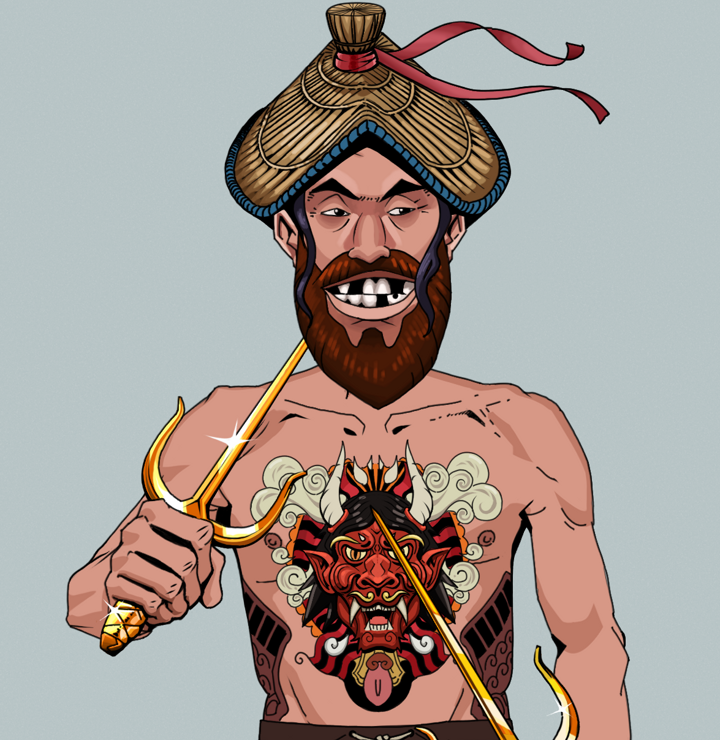 Igor The Bear — Degen Dojo NFT art (Shirtless Runt, Light Grey, Degens, Red Oni Tattoo, Igor The Bear, High Straw Rice Hat, Golden Sai, Mint)