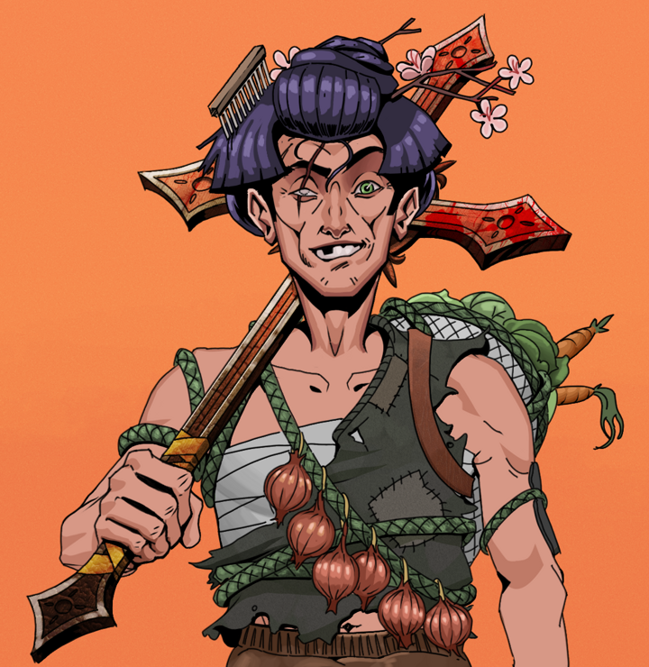 One-Eyed Itsuki — Degen Dojo NFT art (Shirtless Runt, Orange Afternoon, Degens, Farmer, One-Eyed Itsuki, Disheveled Geisha, Jesuit Bloody Cross, Mint)