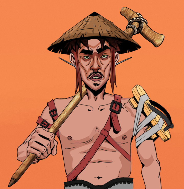 Gloomy Masumi — Degen Dojo NFT art (Nails, Orange Afternoon, Degens, Strap On Geta, Gloomy Masumi, Shirtless Runt, Rice Hat, Wooden Walking Cane, Mint)
