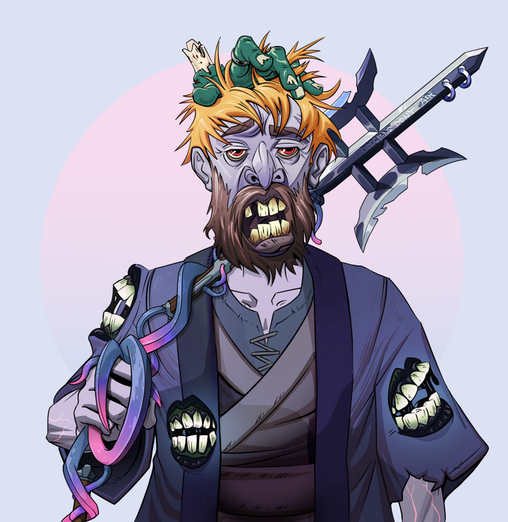 Serious Oleg — Degen Dojo NFT art (Shirtless Runt, Purple Night, Demons, Daimyo Warrior Kimono, Serious Oleg, Tiger Headband Ruffian, Bishamon Yari, Mint)