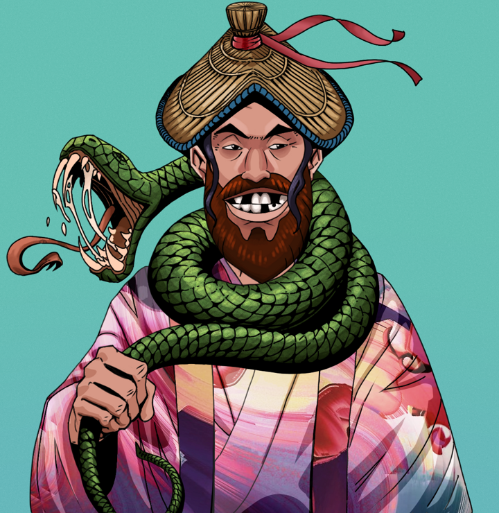 Igor The Bear — Degen Dojo NFT art (Shirtless Runt, Teal Daytime, Degens, Autumn Sakura Kimono, Igor The Bear, High Straw Rice Hat, Enchanted Snake, Mint)