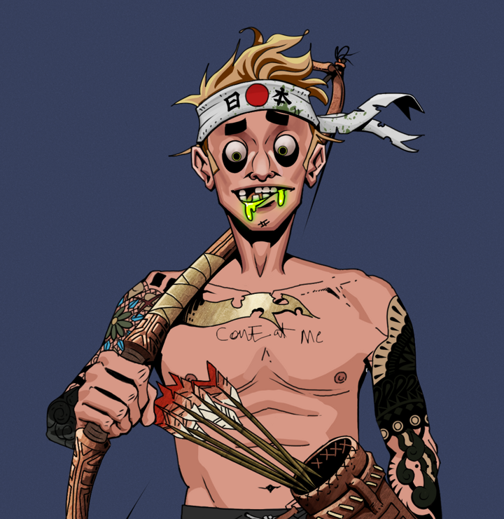 Toxic Azuma — Degen Dojo NFT art (Shirtless Runt, Blue Evening, Degens, Black Yakuza Sleeves, Toxic Azuma, Karate Headband, Runed Yumi, Mint)