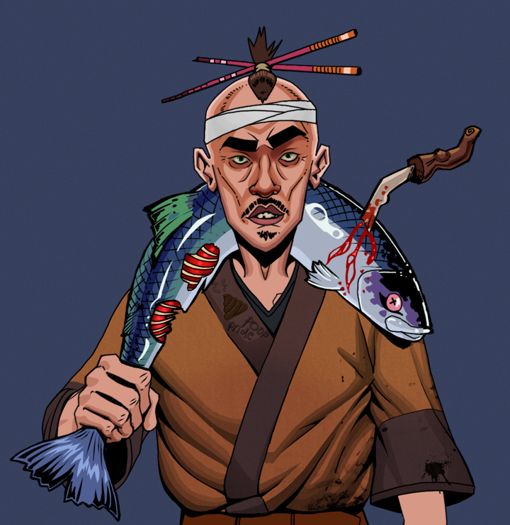 Gloomy Masumi — Degen Dojo NFT art (Shirtless Runt, Blue Evening, Degens, Poop Pride Kimono, Gloomy Masumi, Hair Bun With Chopsticks, Dead Fish, Mint)