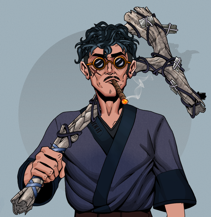Raikou The Stoner — Degen Dojo NFT art (Shirtless Runt, Grey Mist, Degens, Fuck You Kimono, Raikou The Stoner, Dark Spectacles, Messy, Large Branch, Mint)