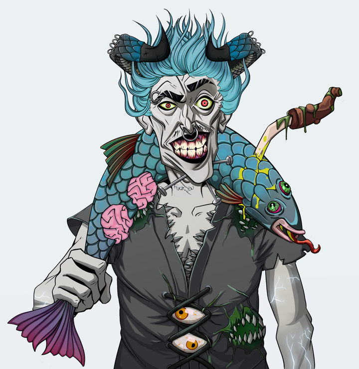 Junichiro — Degen Dojo NFT art (Shirtless Runt, Light Grey, Demons, Black Peasant Sack, Junichiro, Black Oni Horns, Dead Fish, Mint)