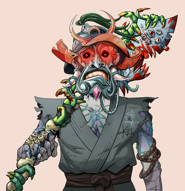 Akuma — Degen Dojo NFT art (Shirtless Runt, Orange Afternoon, Demons, Student Gi, Akuma, Tatami Kabuto, Broken Nagatina, Mint)
