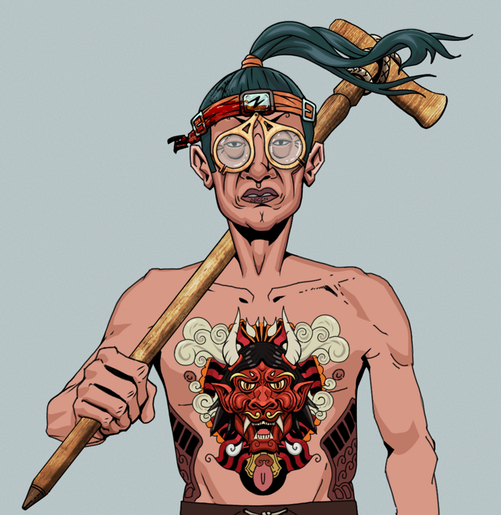 Goro — Degen Dojo NFT art (Shirtless Runt, Light Grey, Degens, Red Oni Tattoo, Goro, Pocket Glasses, Green Bandana, Wooden Walking Cane, Mint)